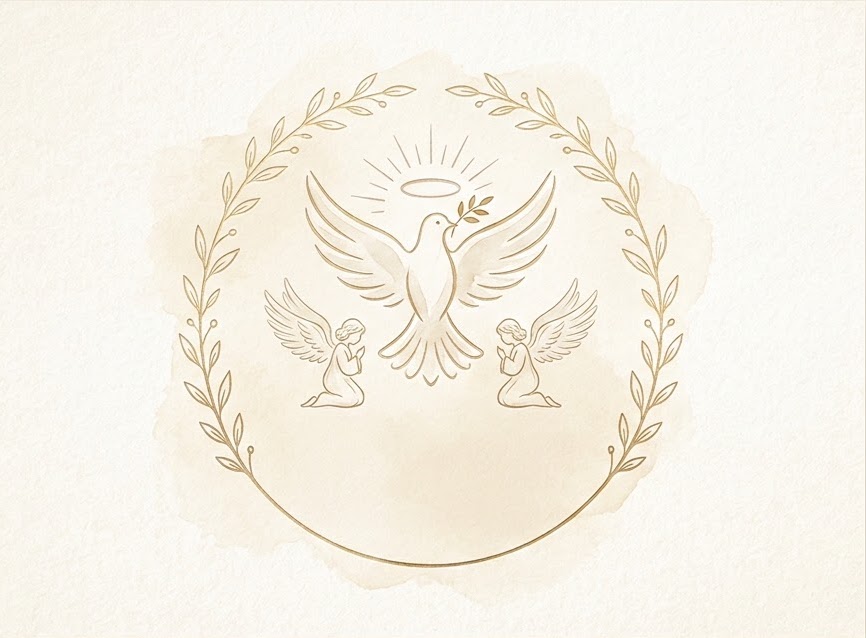A dove above two kneeling angels, framed by a laurel wreath